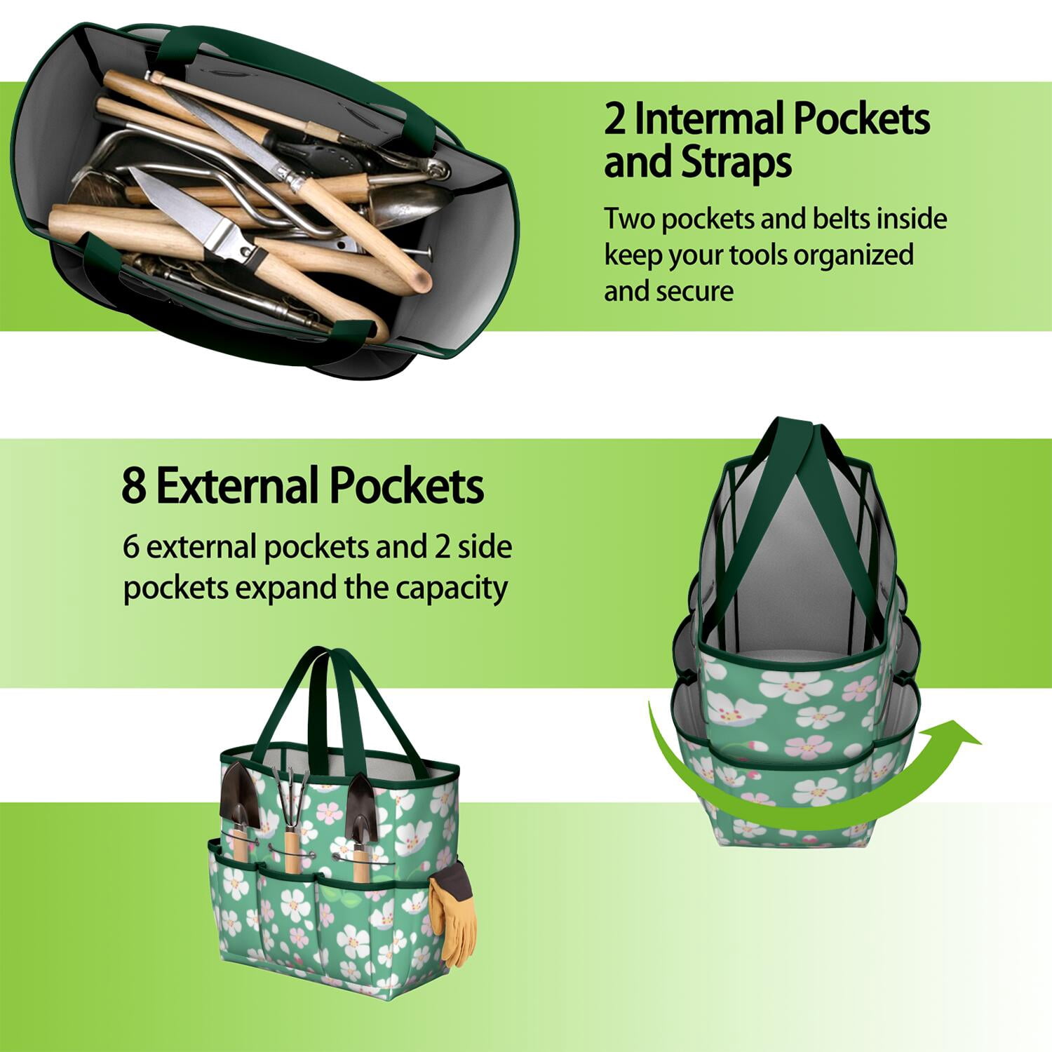 Bright Flowers Garden Tools Bag, Water-proof Oxford Garden Tote Home Organizer Gardening Tool Bag Kit Holder with 8 Pockets for Indoor and Outdoor Gardening(Tools Not Included)