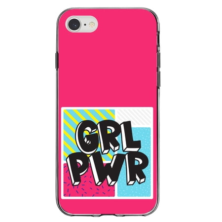 DistinctInk Clear Shockproof Hybrid Case for iPhone 7 8 SE (2020 Model) 4.7" Screen TPU Bumper Acrylic Back Tempered Glass Screen Protector - Girl Power - GRL PWR - Pink Background