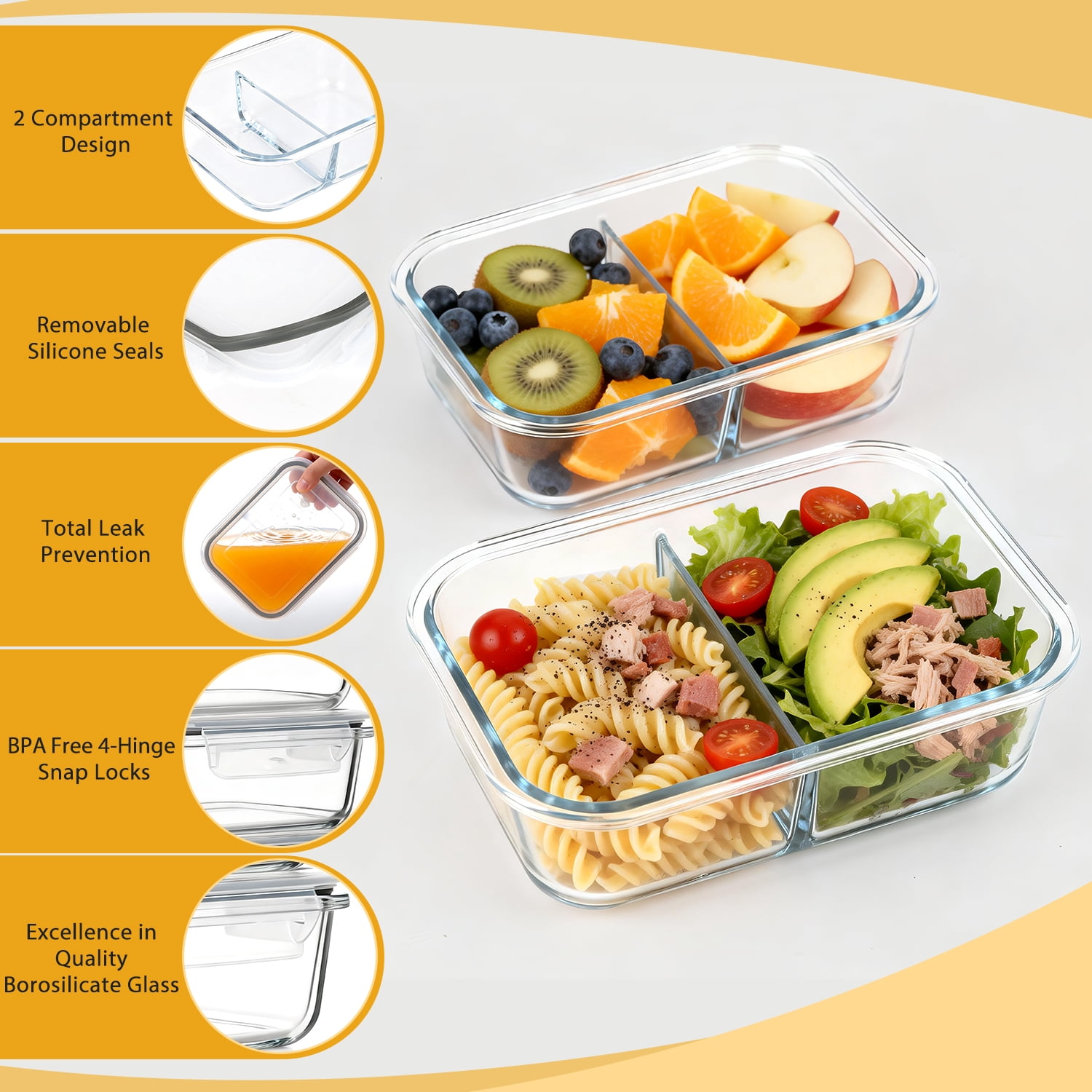 20 Pcs Glass Food Storage Containers with Lids 22oz, 1 & 2 Compartment Glass Airtight Meal Prep Containers with Sauce Containers(10 Containers & 10 Lids), Oven & Freezer Safe, Leak Proof, Grey