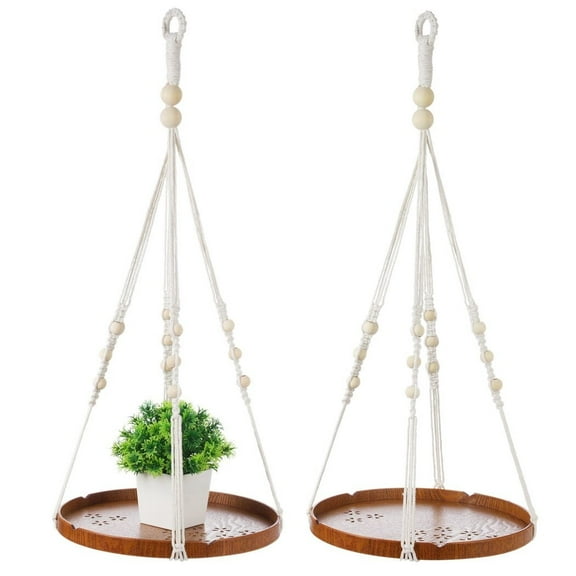 2Pcs Hanging Plant Holders, Macrame Plant Hangers with Wood Tray, Cotton Hanging Planter Shelves, Plant Display Holders for Living Room, Bedroom, Kitchen