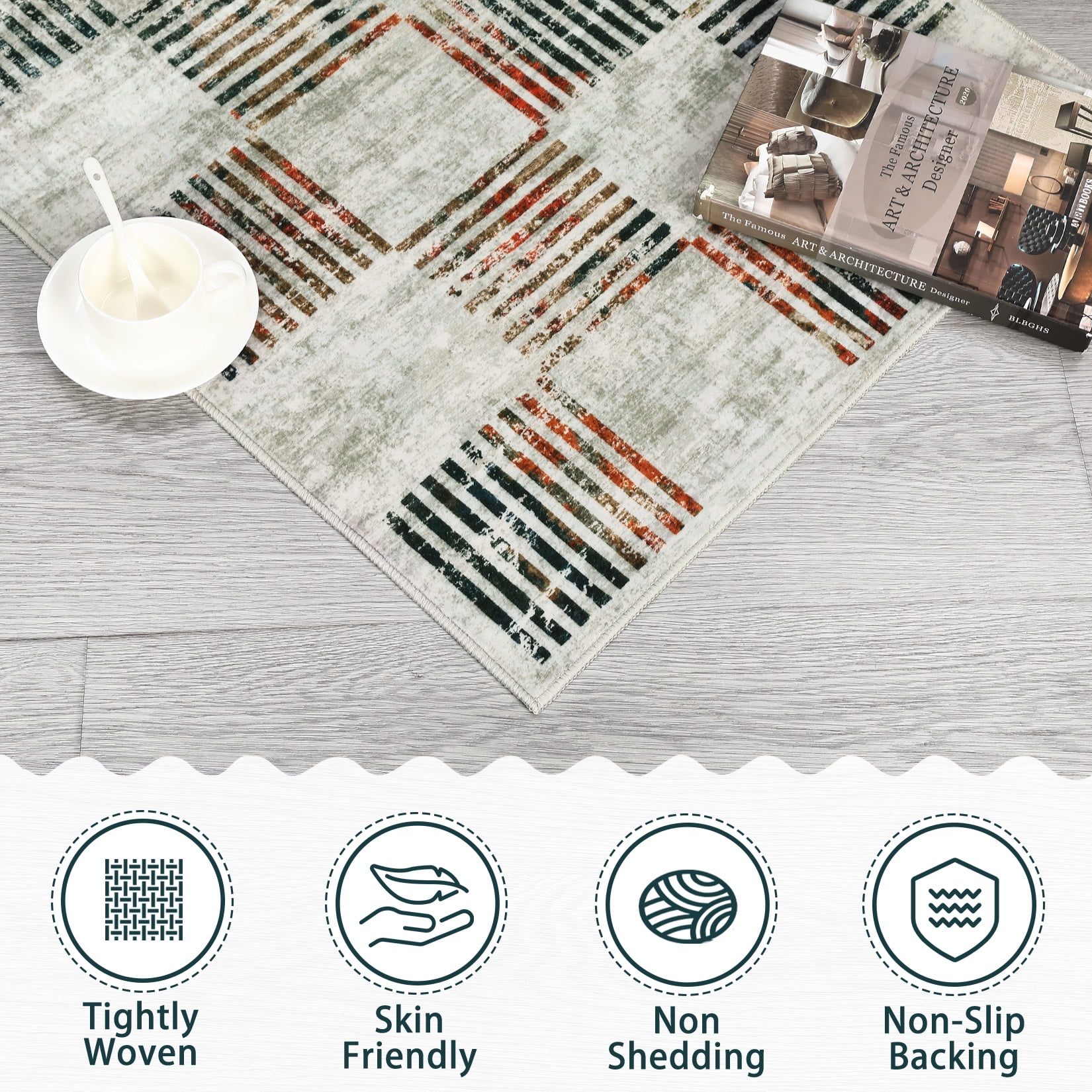 Garvee 9x12 Area Rug Modern Plaid Checkered Rug, Washable Rugs Soft Neutral Indoor Carpet Solid Rug Non Slip Low Pile Rug for Living Room Bedroom Dining Room Office, Beige