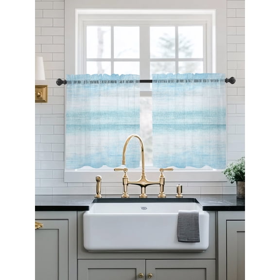 Gradient Aqua Blue Sheer Kitchen Tier Curtains 24 Inch length,Rod Pocket Half Curtains Short Drapes,Modern Rustic Minimalist Pastel Solid Light Filtering Small Window Treatments 2 Pcs 27.5"W x 24"L