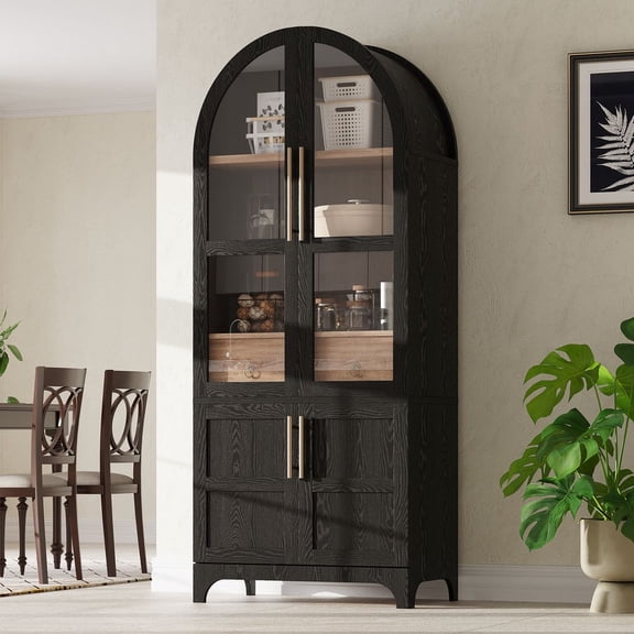 TIMOREN 71" Tall Arched Kitchen Pantry Cabinet with Door Shelves, Farmhouse Storage Cabinet with Open and Adjustable Shelves, Hidden Drawer and Glass Door, Black