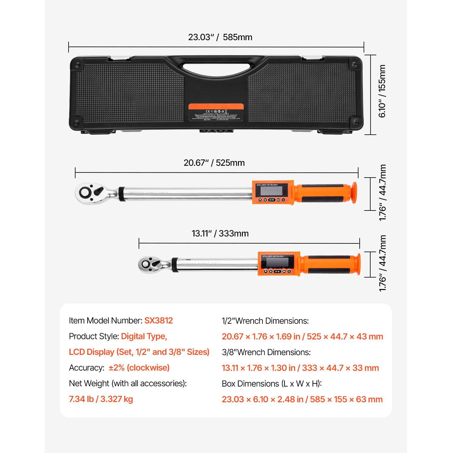 Zaverox 2PCS Digital Torque Wrench Set, 1/2" 3/8" Drive 72-Tooth High Accuracy Electronic Torque Wrench with Buzzer LED Alert for Auto Motorcycle Repair