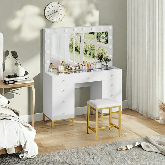 Dextrus Vanity Table Set with 3 Color Lighted Mirror & 9 Drawers , Modern Makeup Desk with Charging Station & Stool, Makeup Vanity Dressing Table for Bedroom for Women Girls, White & Gold