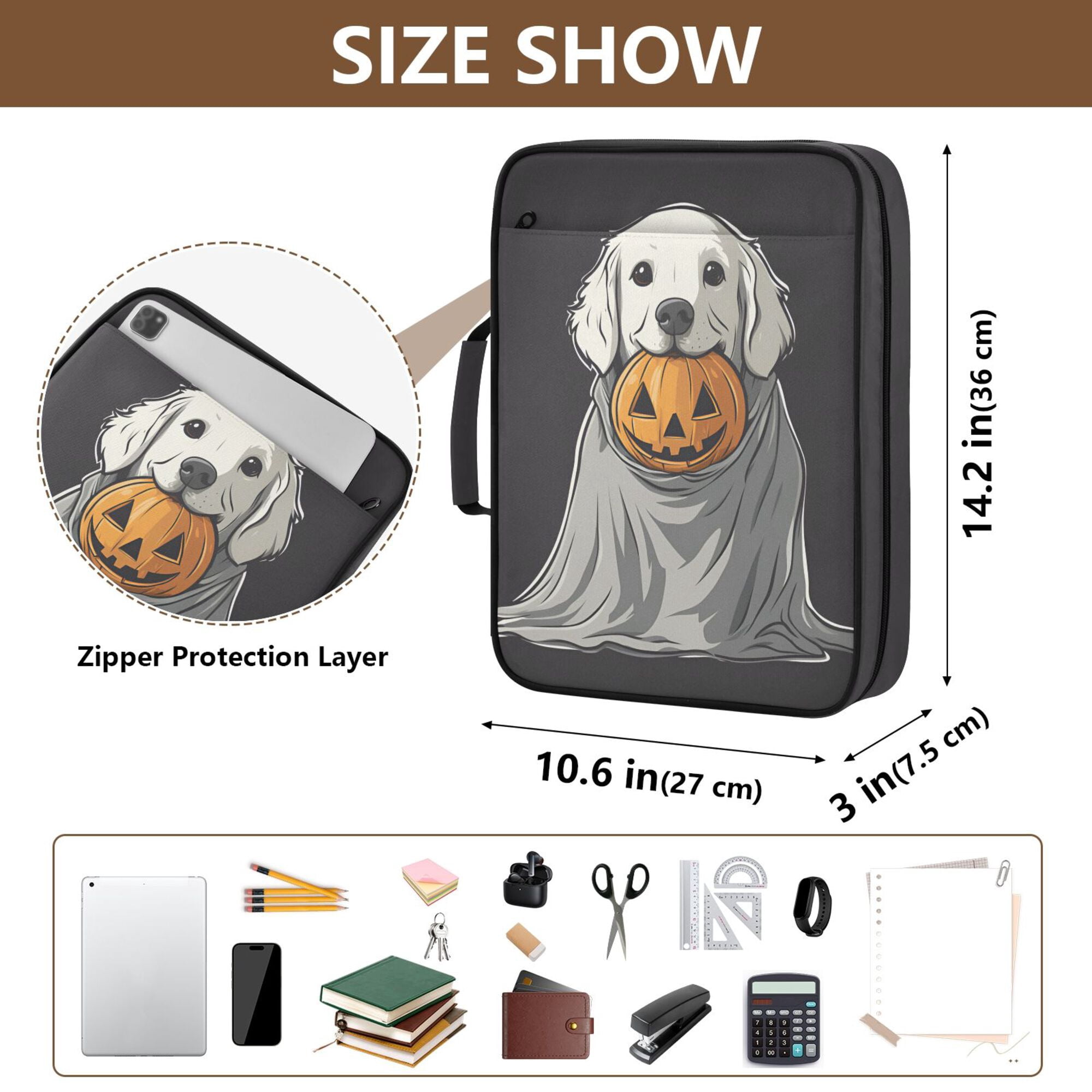 FORMRS Accordion File Folder A4 Size 7-Pocket Expanding Document Organizer Bag with 3 Ring Binder, White Halloween Dog