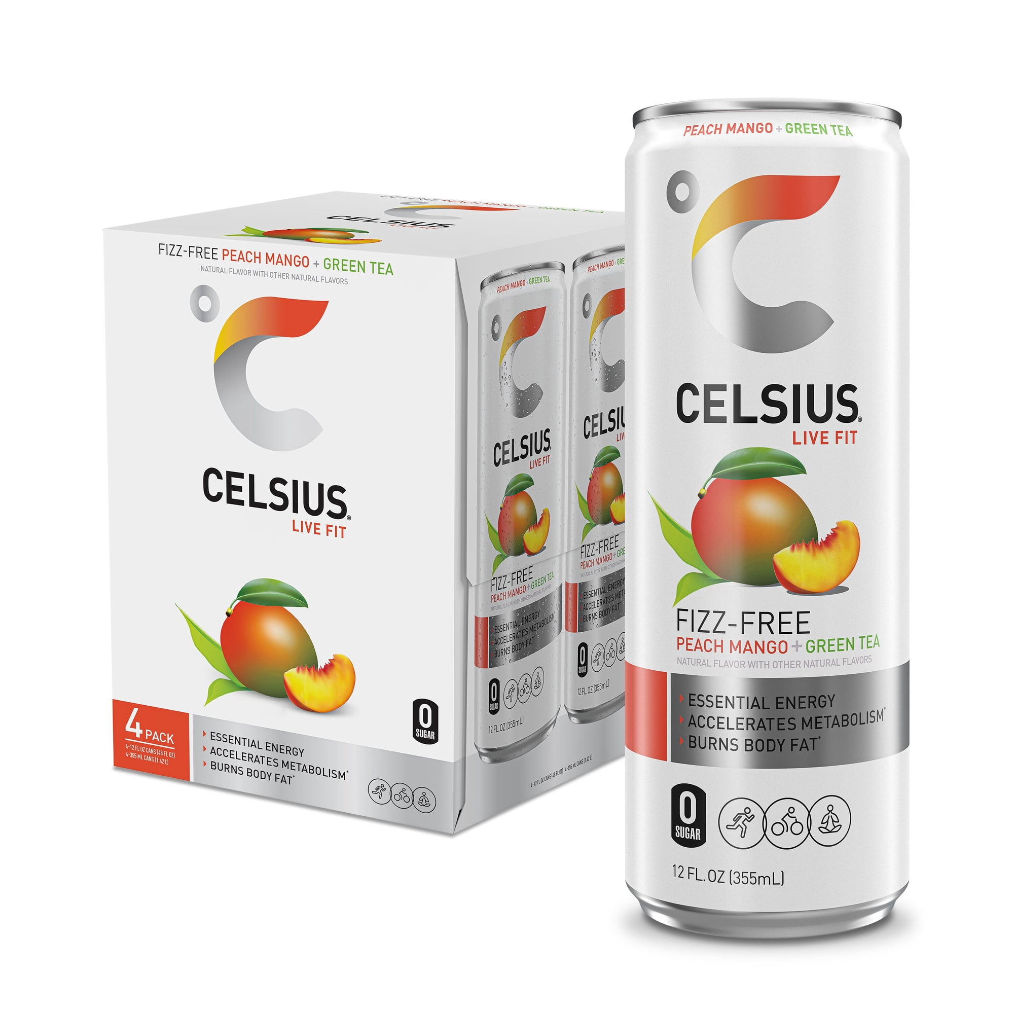 CELSIUS Fizz Free Peach Mango Green Tea, Functional Energy Drink 12 fl oz (Pack of 4)