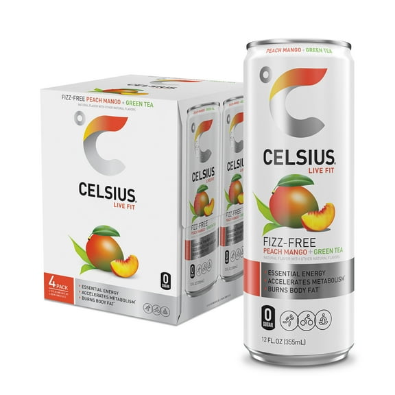 CELSIUS Fizz Free Peach Mango Green Tea, Functional Energy Drink 12 fl oz (Pack of 4)