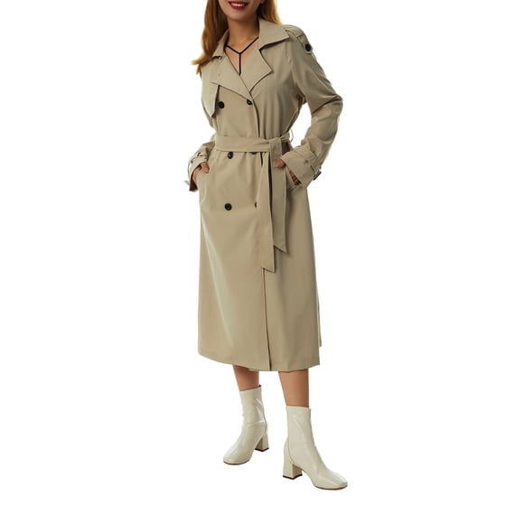 Gupgi Women Jackets Double Breasted Long Trench Coat Classic Lapel Long Sleeve Windproof Overcoat