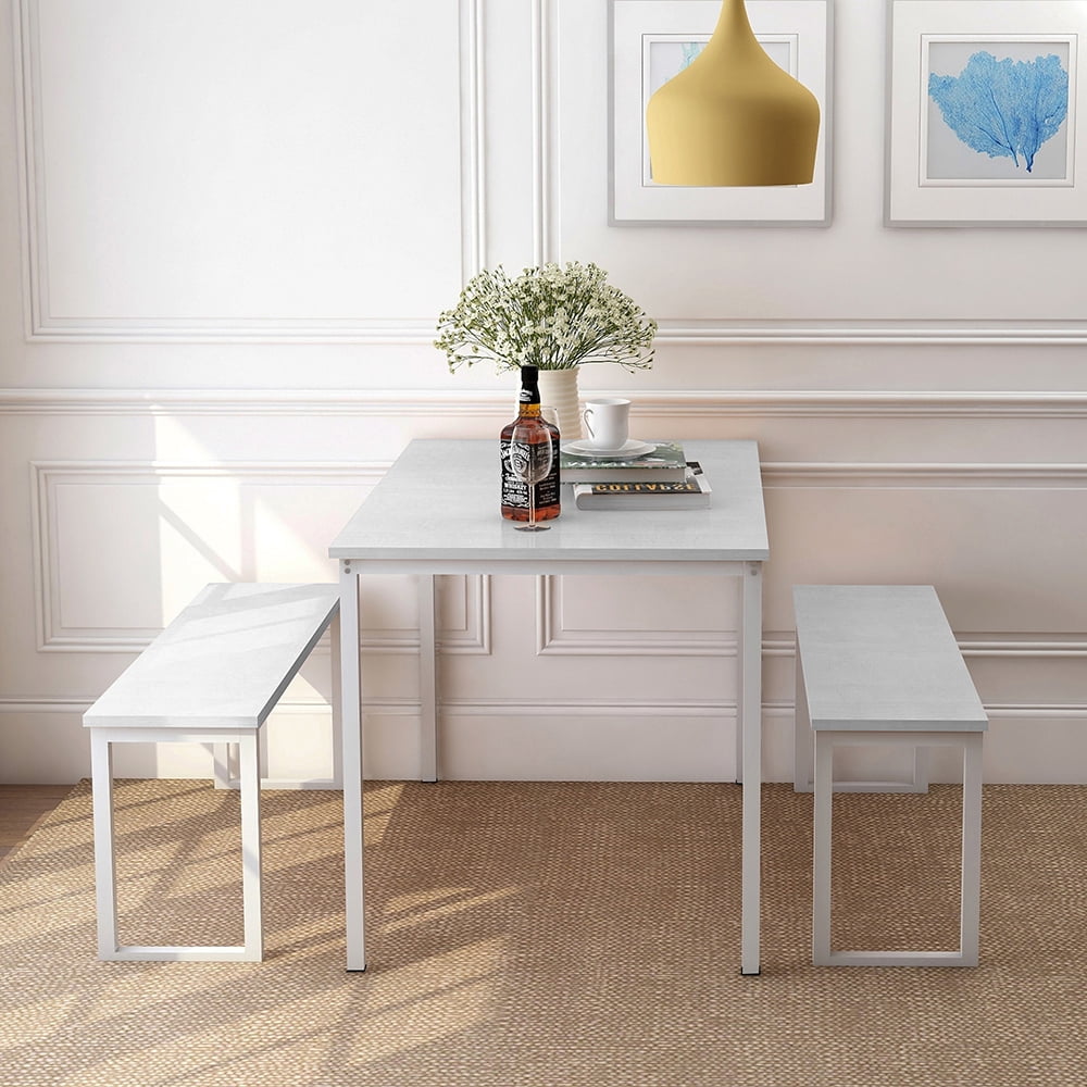 Kepooman 3-Piece Dining Set with 2 Benches, White