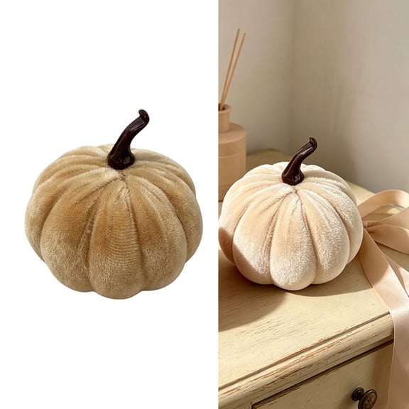 Artificial Pumpkin Decoration Plush Velvet Fabric Pumpkin Prop for Thanksgiving Halloween Fall Table Shelf Mantel Display (Beige)