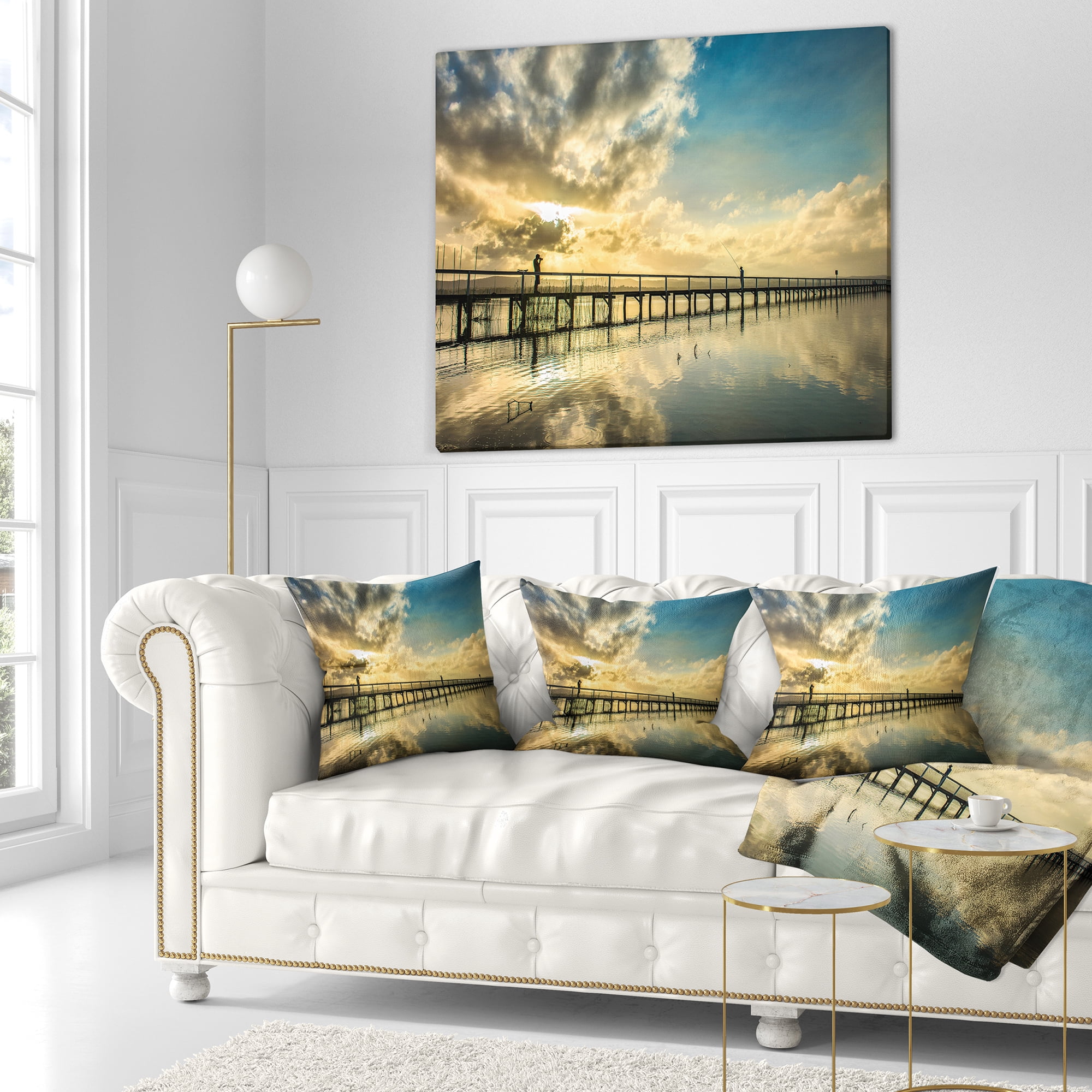 Designart Long Jetty Foreshore Reserve with Clouds - Sea Bridge Throw Pillow - 16x16
