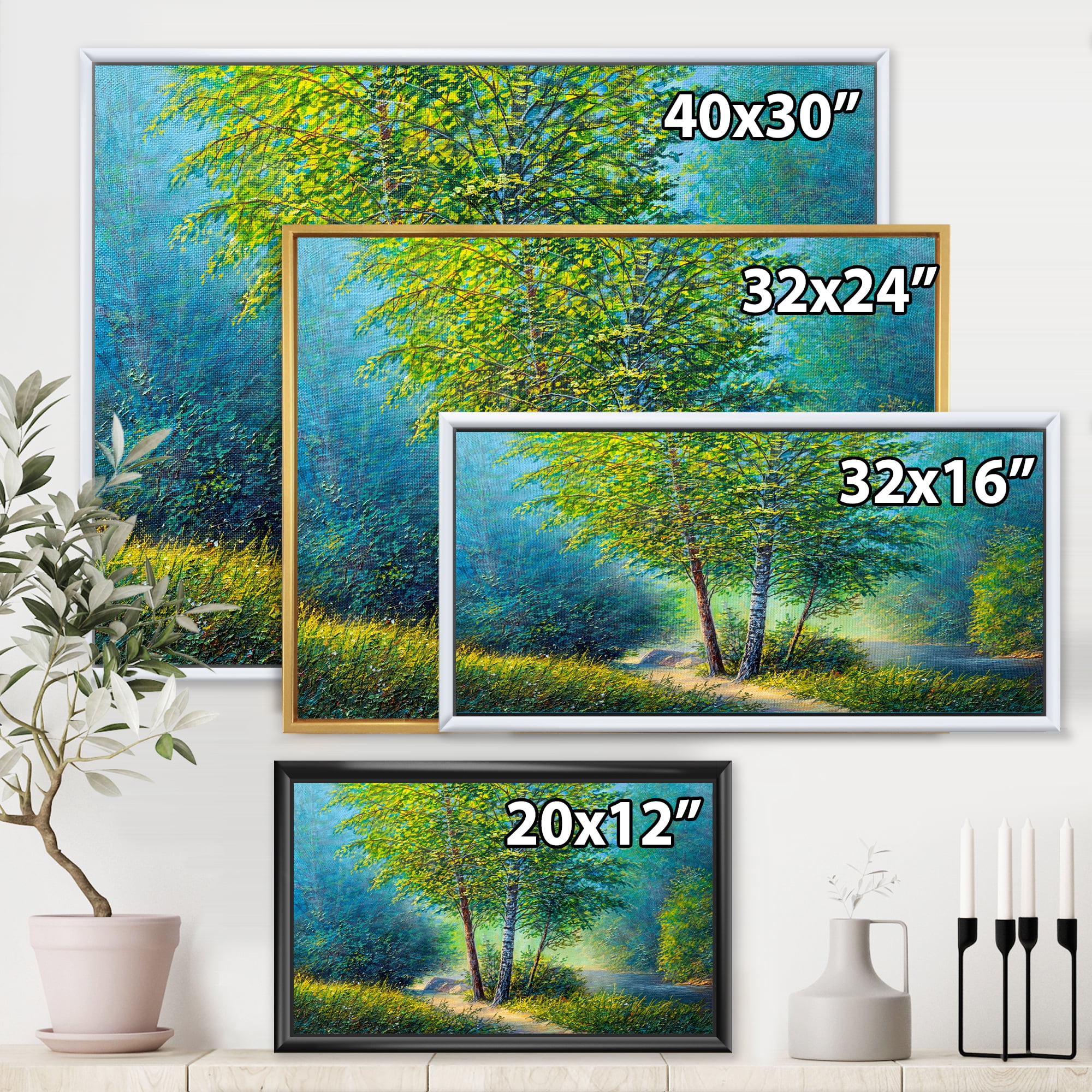 Designart 'Three Vibrant Green Trees By The River' Lake House Framed Canvas Wall Art Print