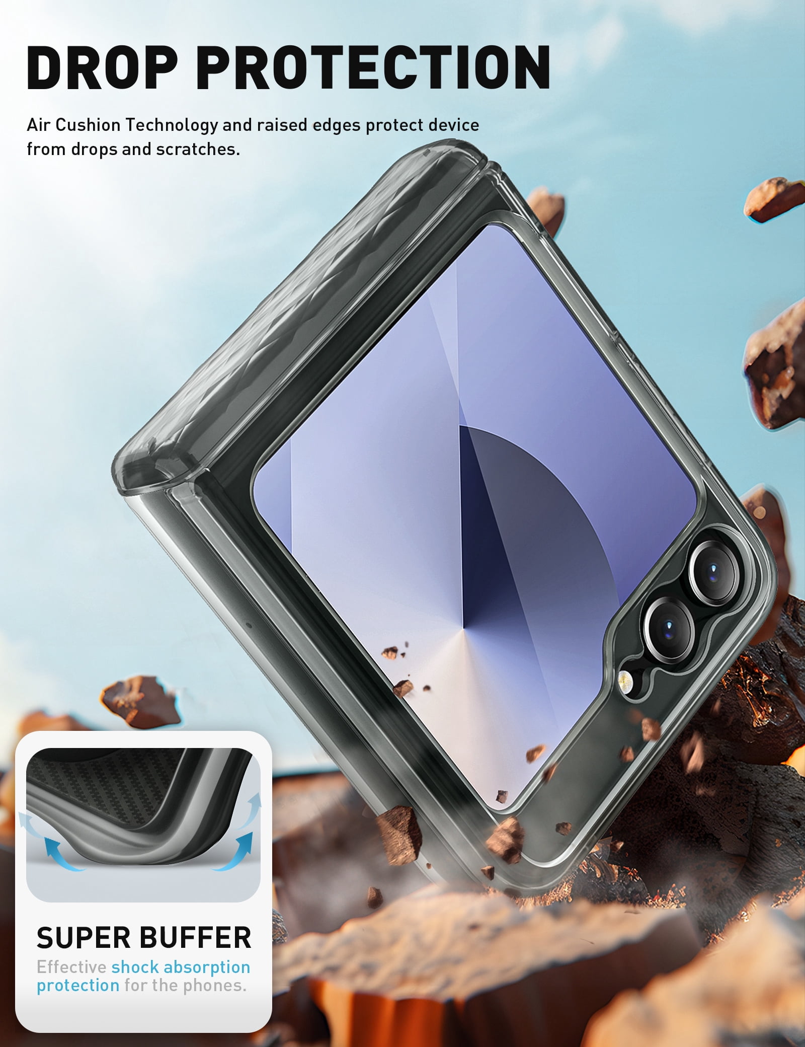 i-Blason Cosmo for Samsung Galaxy Z Flip 6 / Flip 5 Case [Built-in Front Screen Protector] [Hinge Protection] [Support Wireless Charging] Slim Clear Protective Phone Case (FrostBlack)