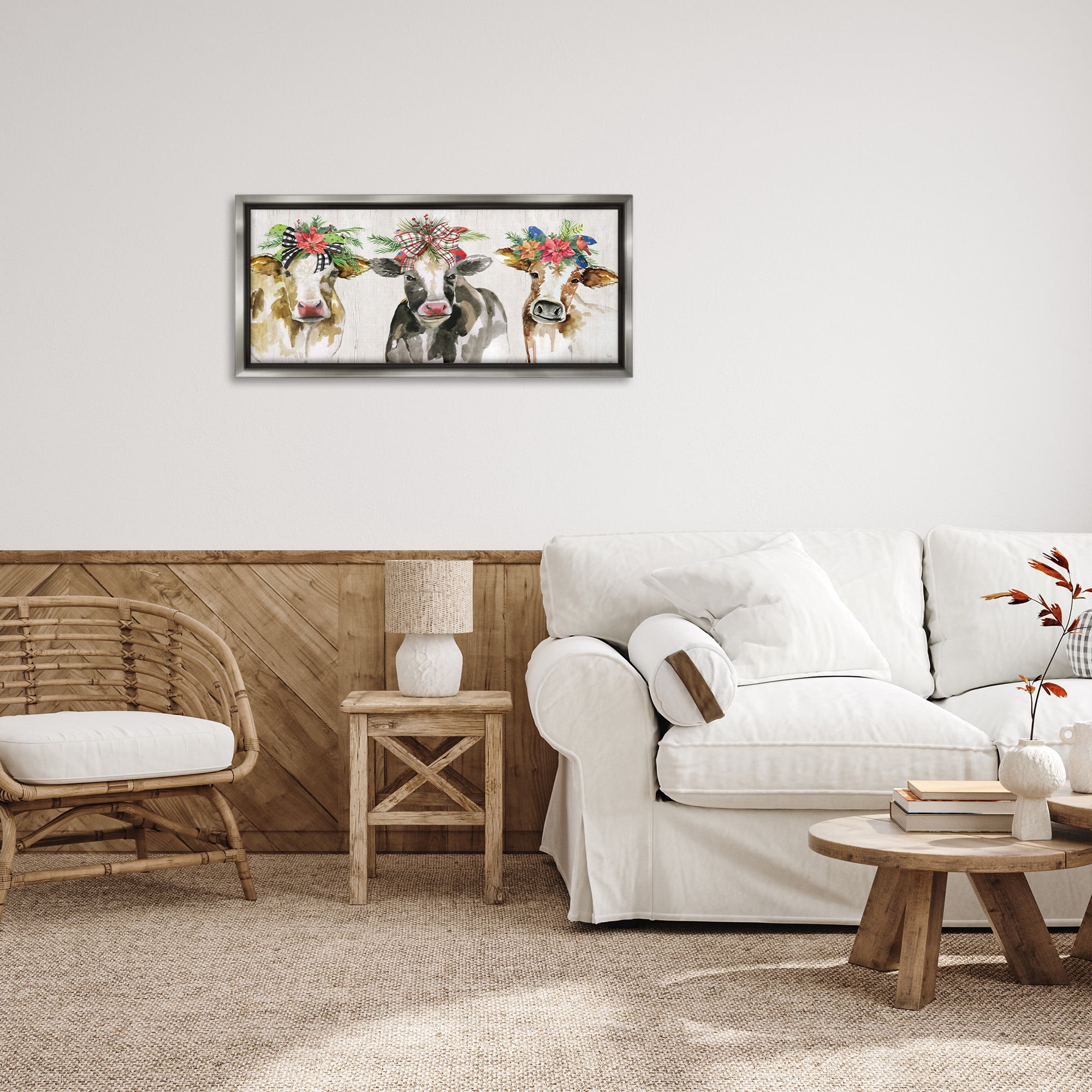 Stupell Industries Three Cows Seasonal Floral Crowns Animals & Insects Painting Gray Floater Framed Canvas Art Print Wall Art, 31 x 14
