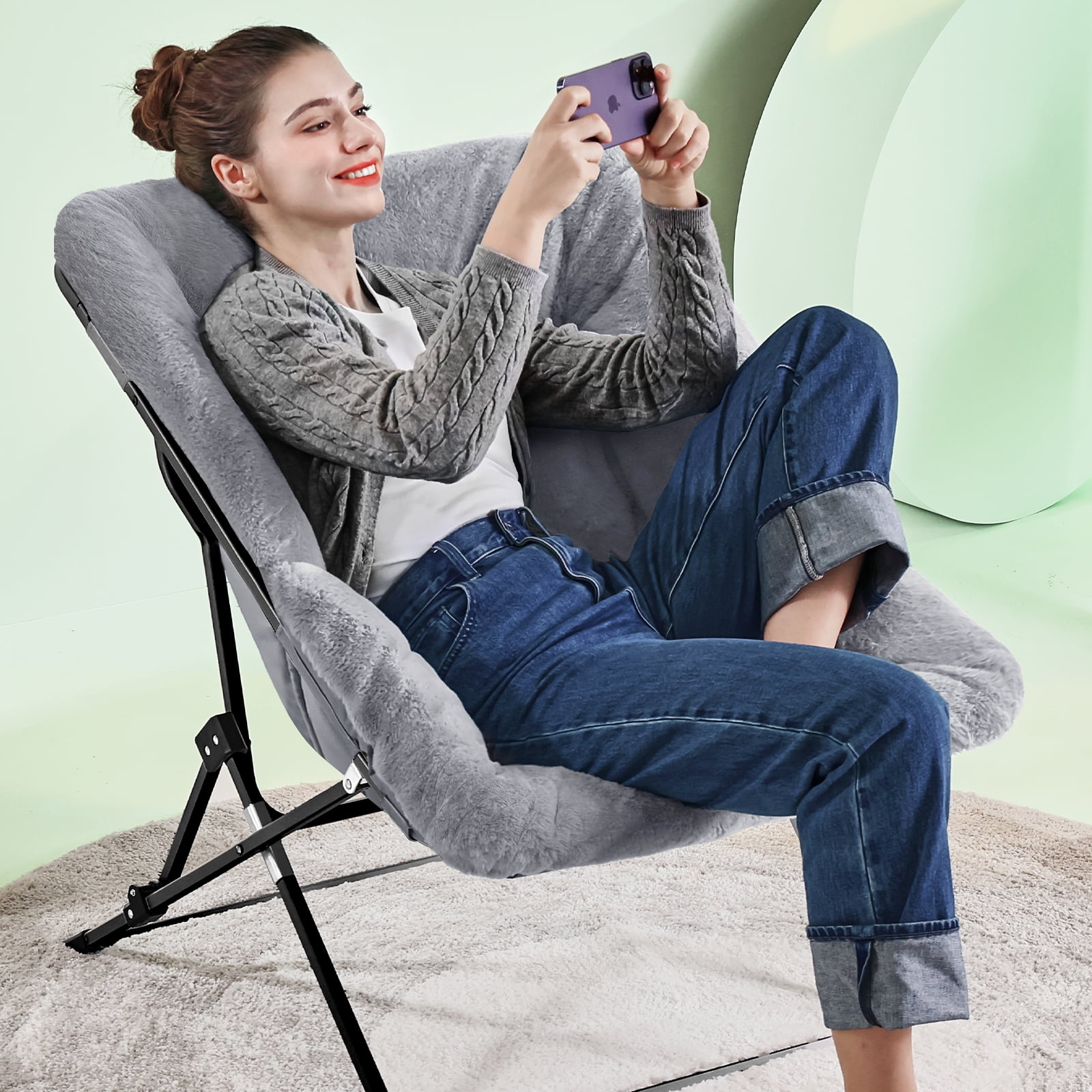 ARKANTOS Folding Saucer Chair for Adults, Comfy Chair for Bedroom and Living Room, Faux Fur Lounge Chair ,Gray