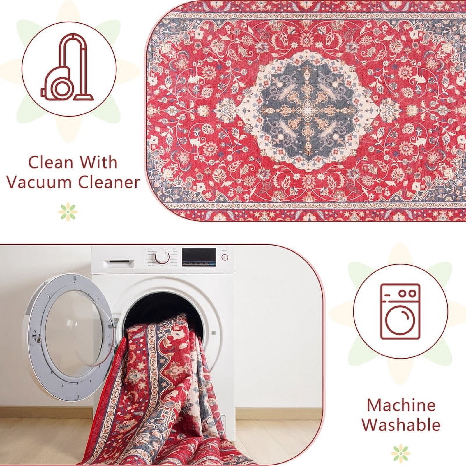 Jamfeel Washable Area Rugs 2x3 Door Mat Entryway Vintage Floral Low Pile Rug Entrance Carpet for Living Room Kitchen, Red