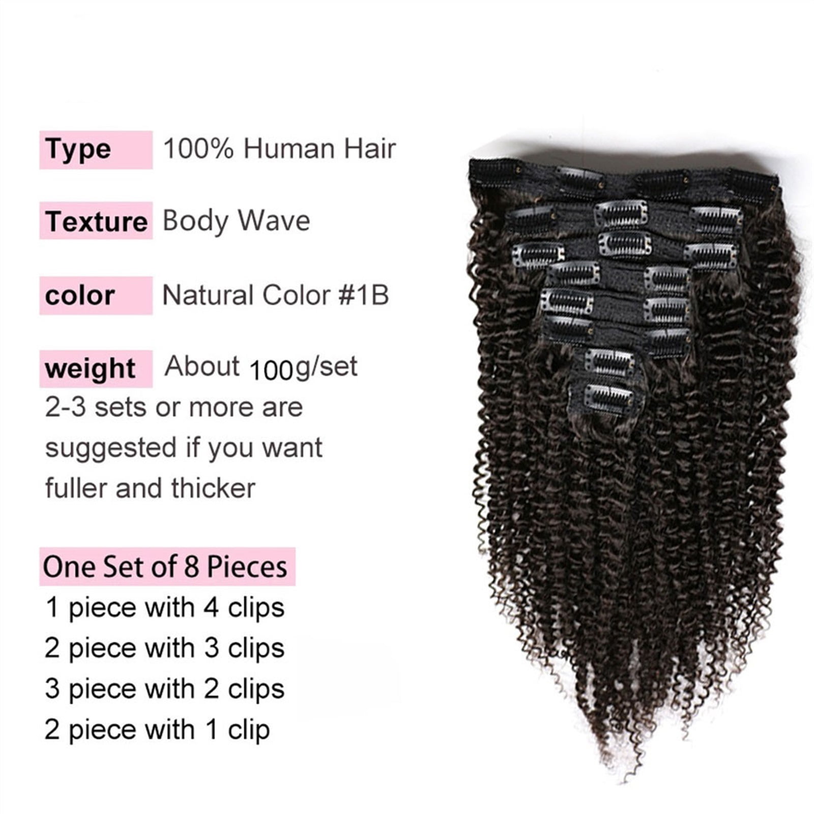 12-26 inch Kinky Curly Clip in Hair Extension, Deep Wave 8Pcs Clip in Real Human Hair 120/240g Wavy Curly Brazilian Hairpieces for Women