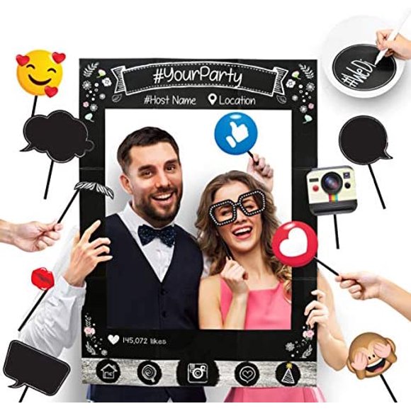 Insta-Themed Social Media Party Photo Booth Frame with Emoji & Personalized Speech Bubble Props. Great as Vintage