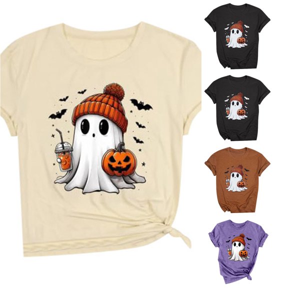 Women Short Sleeve T Shirts Casual Halloween Print Crew Neck Tee Tops