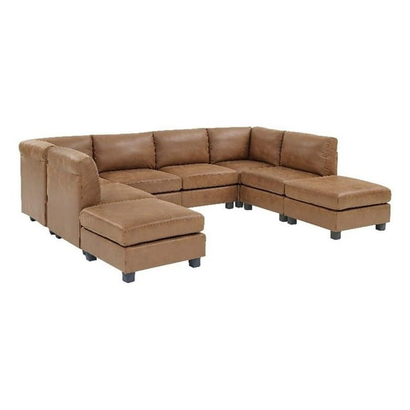 Partner Furniture Faux Leather 120" Modular Sectional with Ottoman in Ginger