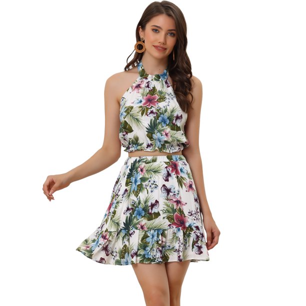 Conjunto de 2 piezas para mujer con cuello halter floral sin mangas y falda corta Allegra K S
