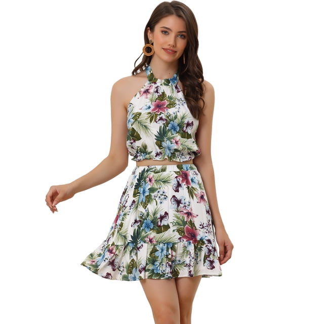 Conjunto de 2 piezas para mujer con cuello halter floral sin mangas con falda corta Blanco M