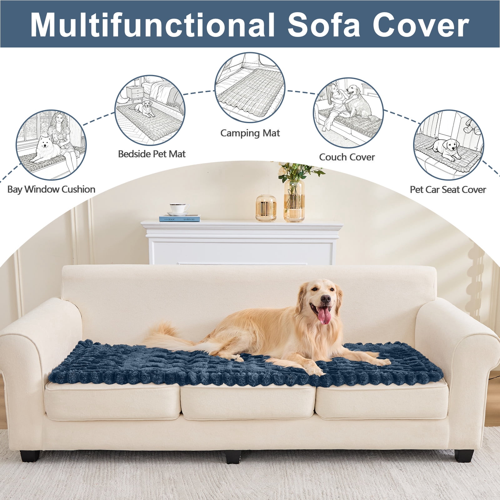 SANMADROLA Waterproof Couch Cover for Dogs Washable, Non-Slip Fuzzy Loveseat Slipcovers, Thick Soft Dog Bed Mat for 2 Cushion Sofa Pet Friendly Furniture Protector, Blue, 28" x 71"