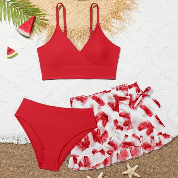 Zylarhe Girls Swimsuit 3 Piece Girls Two Piece Swimsuit Set with Ruffle Trim and Matching Cover Up Skirt for Youth Big Kids 14-15 Years Red