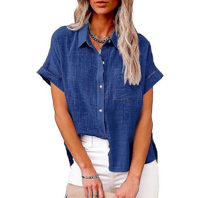 Chemise en Lin Unie pour Femme à Manches Courtes, Décontractée et Ample