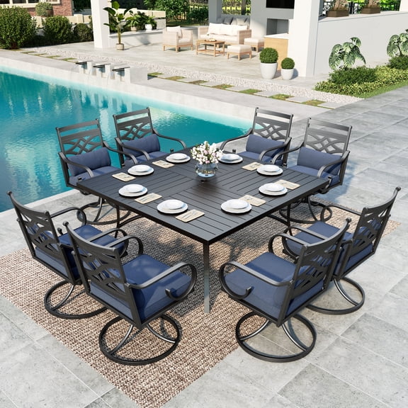 SUMMIT LIVING 9-Piece Outdoor Patio Dining Set with 8 Cushioned Swivel Chairs & Metal Steel Table with Umbrella Hole, Black & Blue