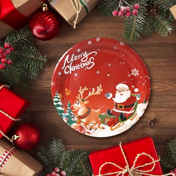 Juego de 30 Vajillas Navideñas Desechables de Papel | Platos de 18 Cm | Diseño Festivo de Copos de Nieve Rojos | Platos Resistentes para Cenas Navideñas, Reuniones de Invierno y Fácil Limpieza