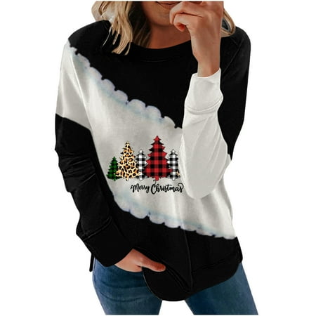

jsaierl Womens Christmas Sweatshirts Long Sleeve Christmas Tree Graphic Top Color Block Crewneck Sweatshirt Cute Pullover for Women Fashion 2022