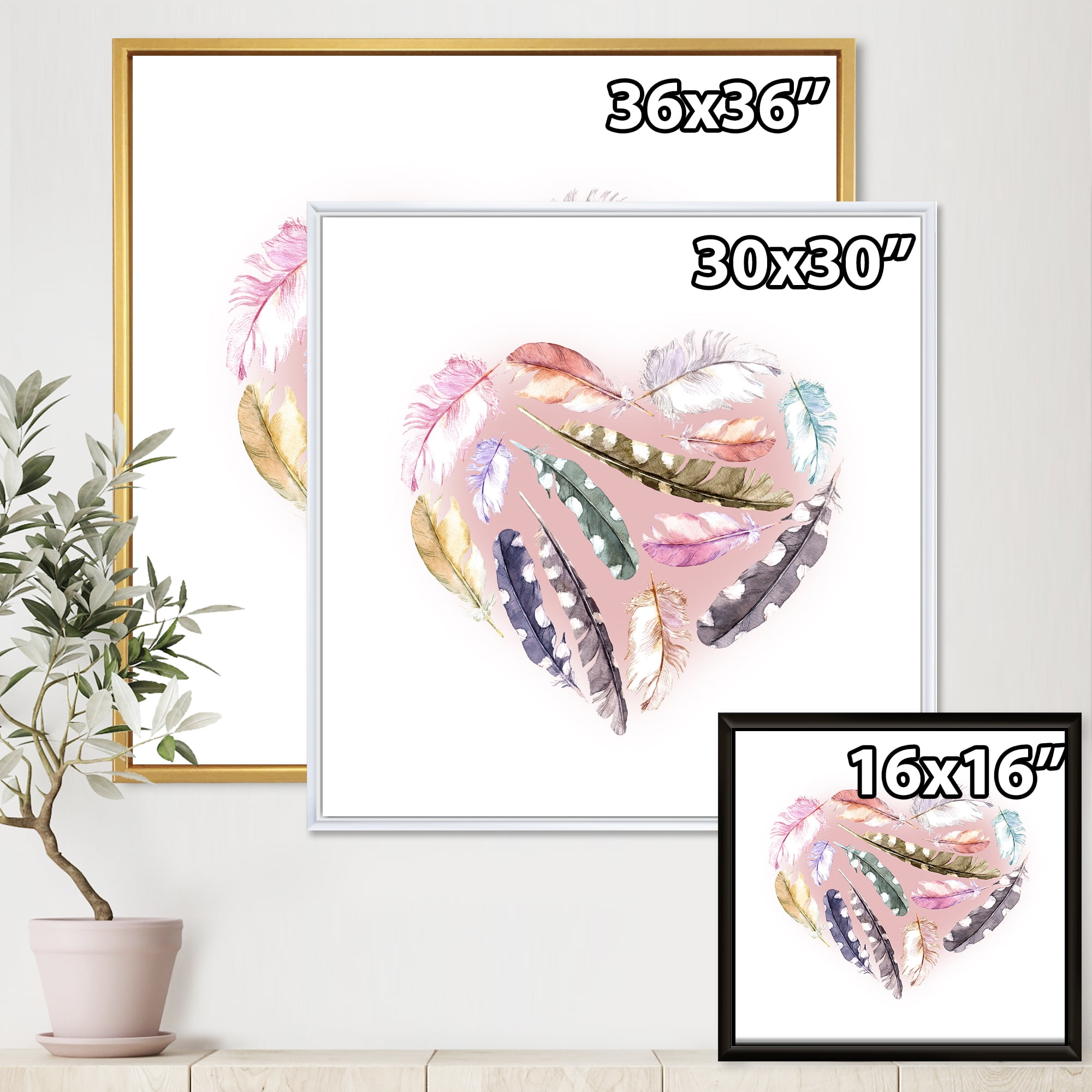 Ethnic Feather In Heart Shape 16 in x 16 in Framed Painting Canvas Art Print, by Designart