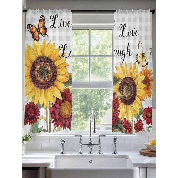 Sunflower Gray Check Sheer Curtains for Living Room Bedroom Farmhouse Flowers Butterfly Sheer Curtains 63 Inch Long 2 Panels Set Light Filtering Curtain Window Treatments Drapes for Dining Room