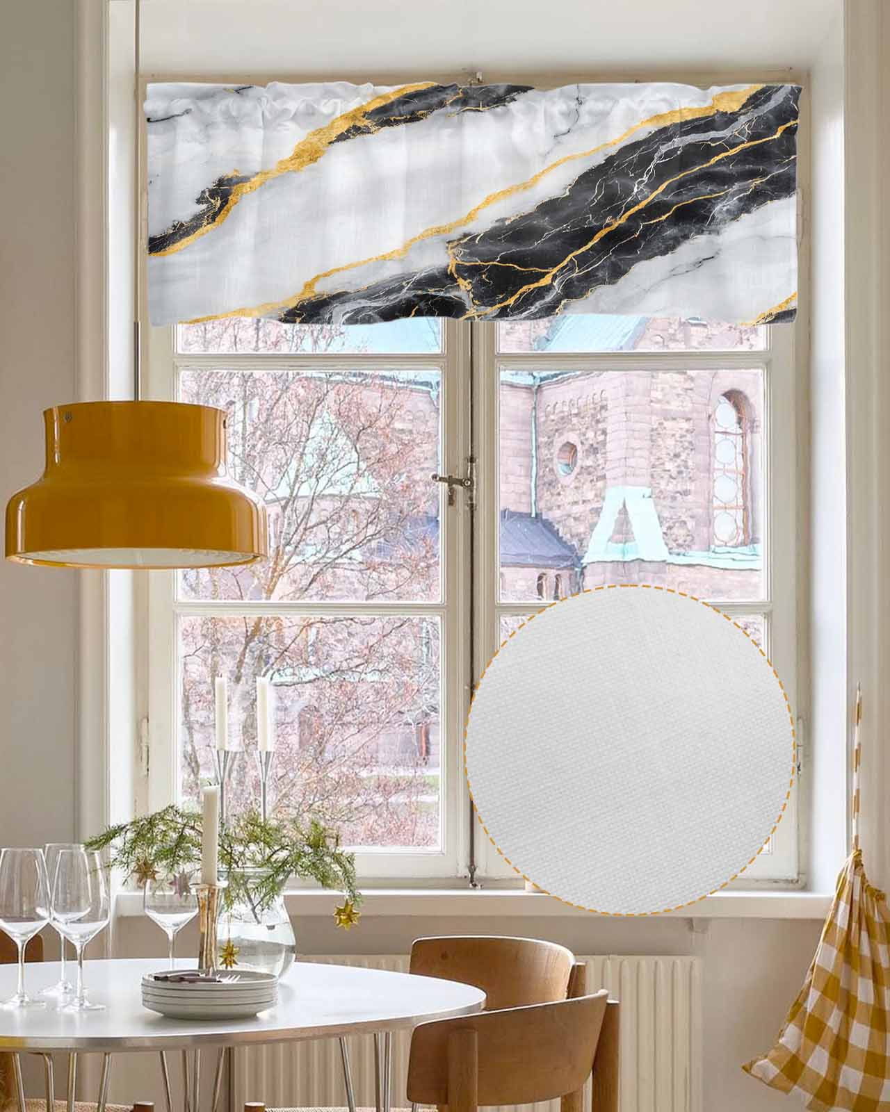 Marble Black Kitchen Valances for Windows Farmhouse Linen Window Valance Curtain for Living Room Window Treatment Gold Foil Ceramic Style Cracks Scratches Valance Rod Pocket Topper, 54 x 18 Inch
