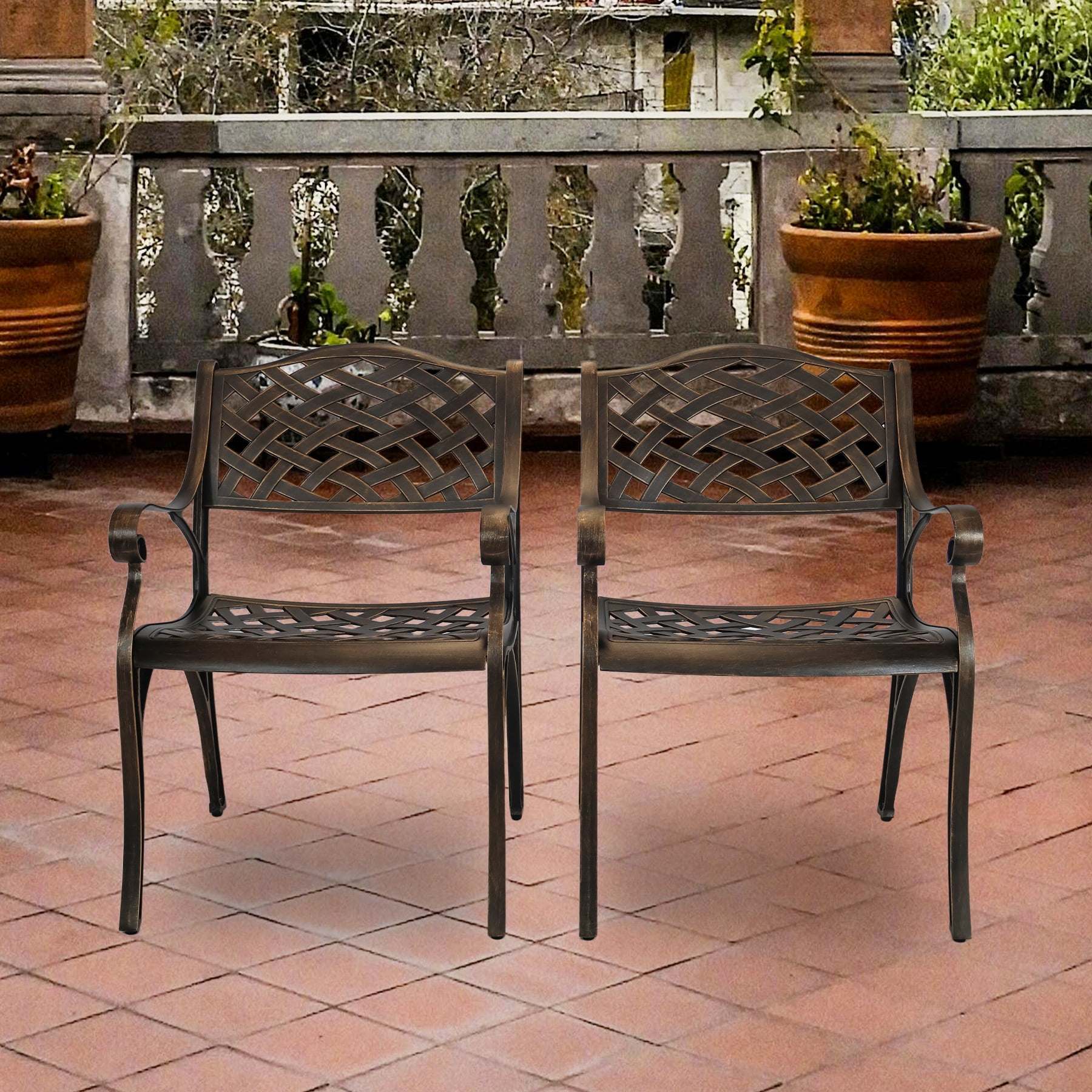 PATIO-IN 2-Piece Outdoor Cast Aluminum Dining Chairs with Armrests, Weather Resistant Patio Chairs, Bronze