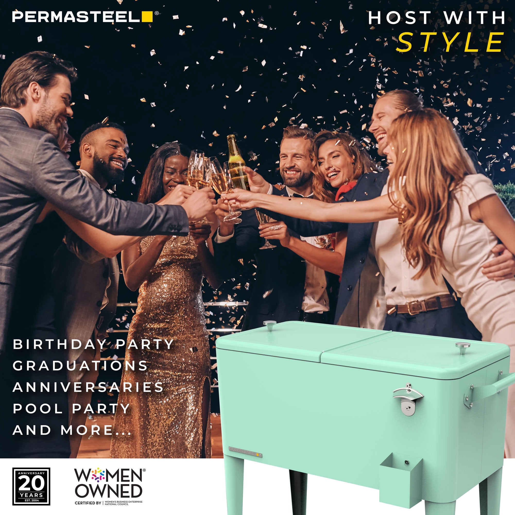 Permasteel Party Cooler with Divider, Spacious 80-Qt Capacity, Chills 36hrs, Serving Tray, Rolling Ice Chest for Indoor and Outdoor Entertainment, Matte Mint