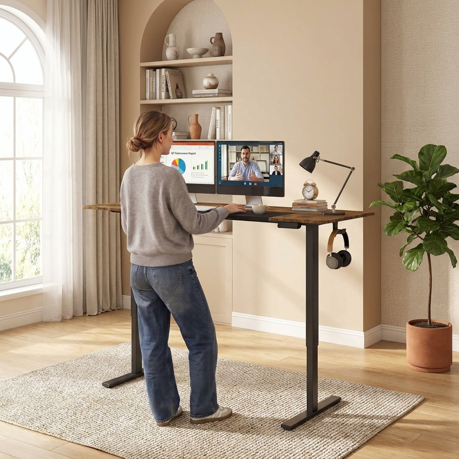 Furnibear 63 x 24 Inch Height Adjustable Sit Stand Computer Desk with 3 Memory Presets for Home Office Study Computer Writing, Rustic Brown