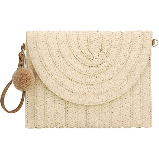 Nvzi Bolso de mano de paja, bolso de mano de paja para mujer, bolso tipo sobre, cartera, bolso de playa tejido de verano (beige)