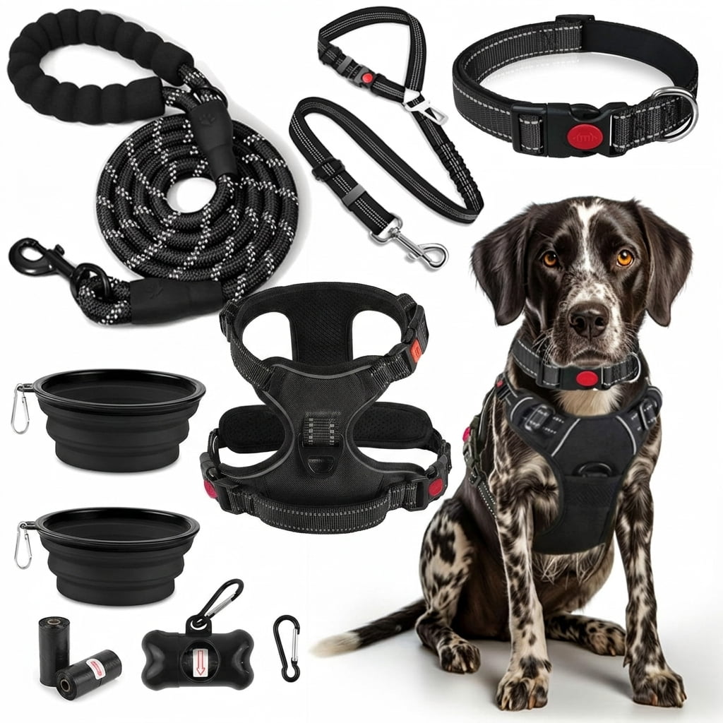 Black Medium No Pull Dog Harness Collar Leash Travel Set with Accessories