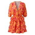 thumbnail image 4 of Kcodviy Robe Midi d'Été à Manches pour Femmes, Printemps Été, Col en V, Imprimé, Irrégulière, Décontractée, Maxi, Ourlet, Robe Courte, 4 of 5