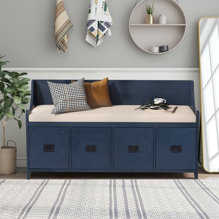 Modern Style Wood Storage Bench with Movable Seat Cushion  4 Drawers and Backrest