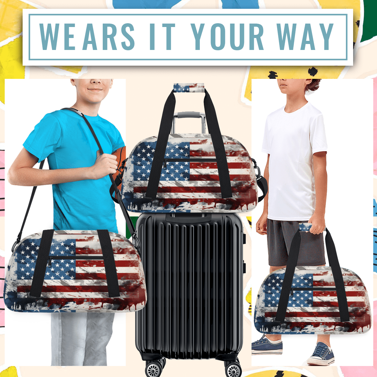 Herdesigns 4th of July Sports Duffle Bag for Women & Men, Patriotic American Flag Gym Bag Dance Bag Overnight Bag Carry On Weekender Travel Bag