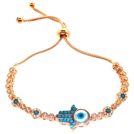 Pori Jewelers Turquoise CZ 18kt Rose Gold-Plated Sterling Silver Hamsa Friendship Bolo Adjustable Bracelet