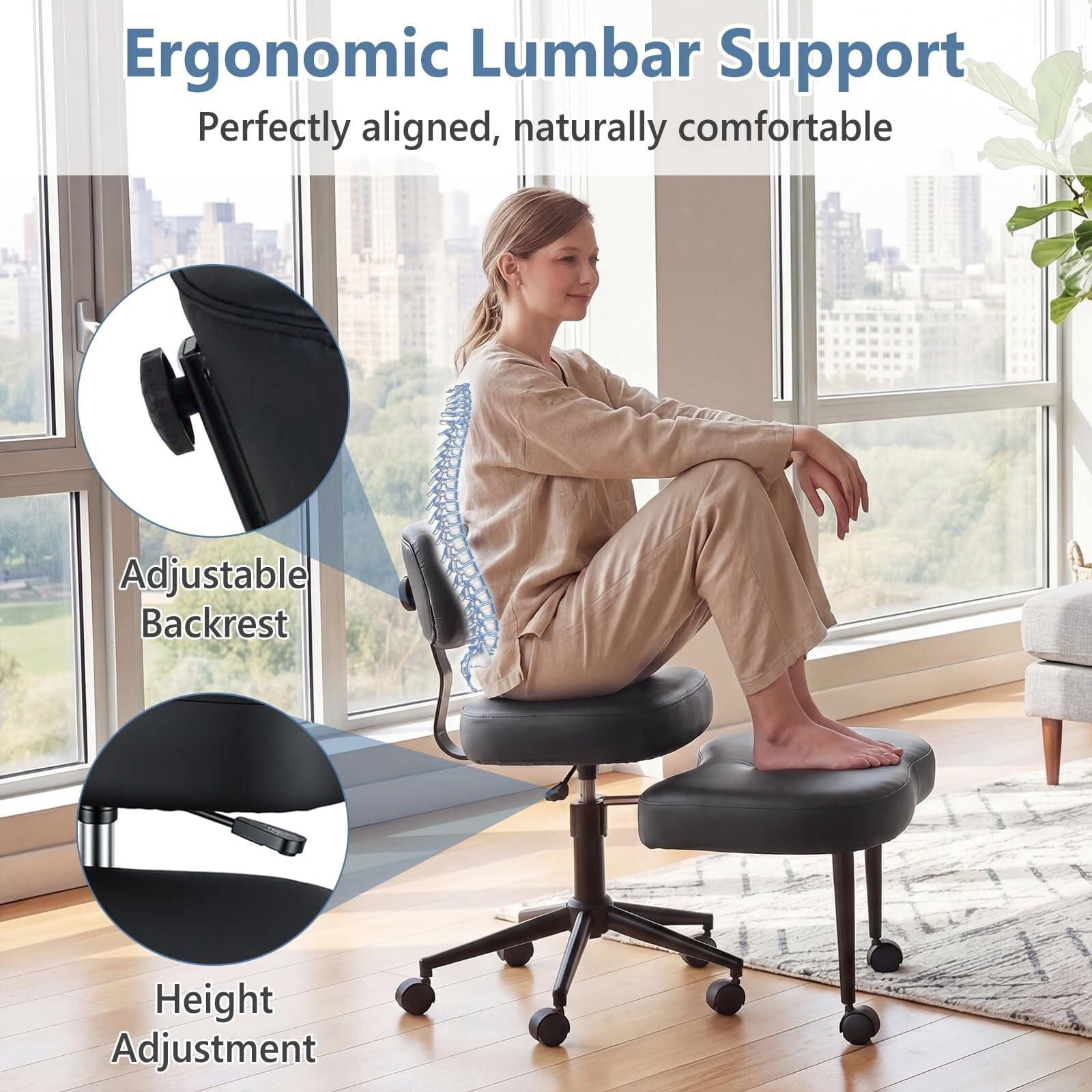 Kelno Cross Legged Meditation Chair with 360° Swivel Footrest Adjustable Backrest Ergonomic PU Leather Office Chair, Black