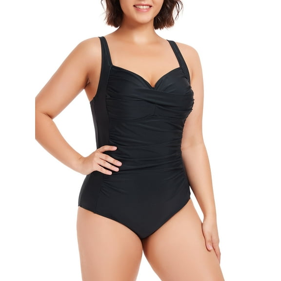 Ocean Blue Women's Plus Size Ruched One Piece Bathing Suits Adjustable Straps Tummy Control 1 Piece Swimsuit Black Retro Swimwear for Women
