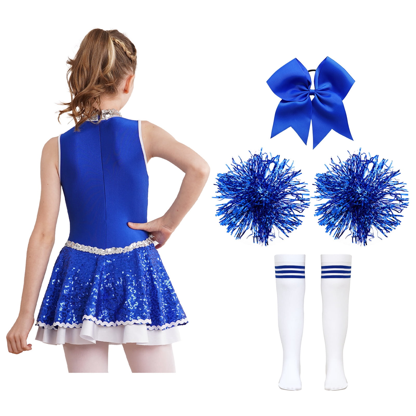 iiniim Girls Cheer Leader Sequins Cheerleading Dress with Pom Poms Headwear Socks for Halloween B Blue 10