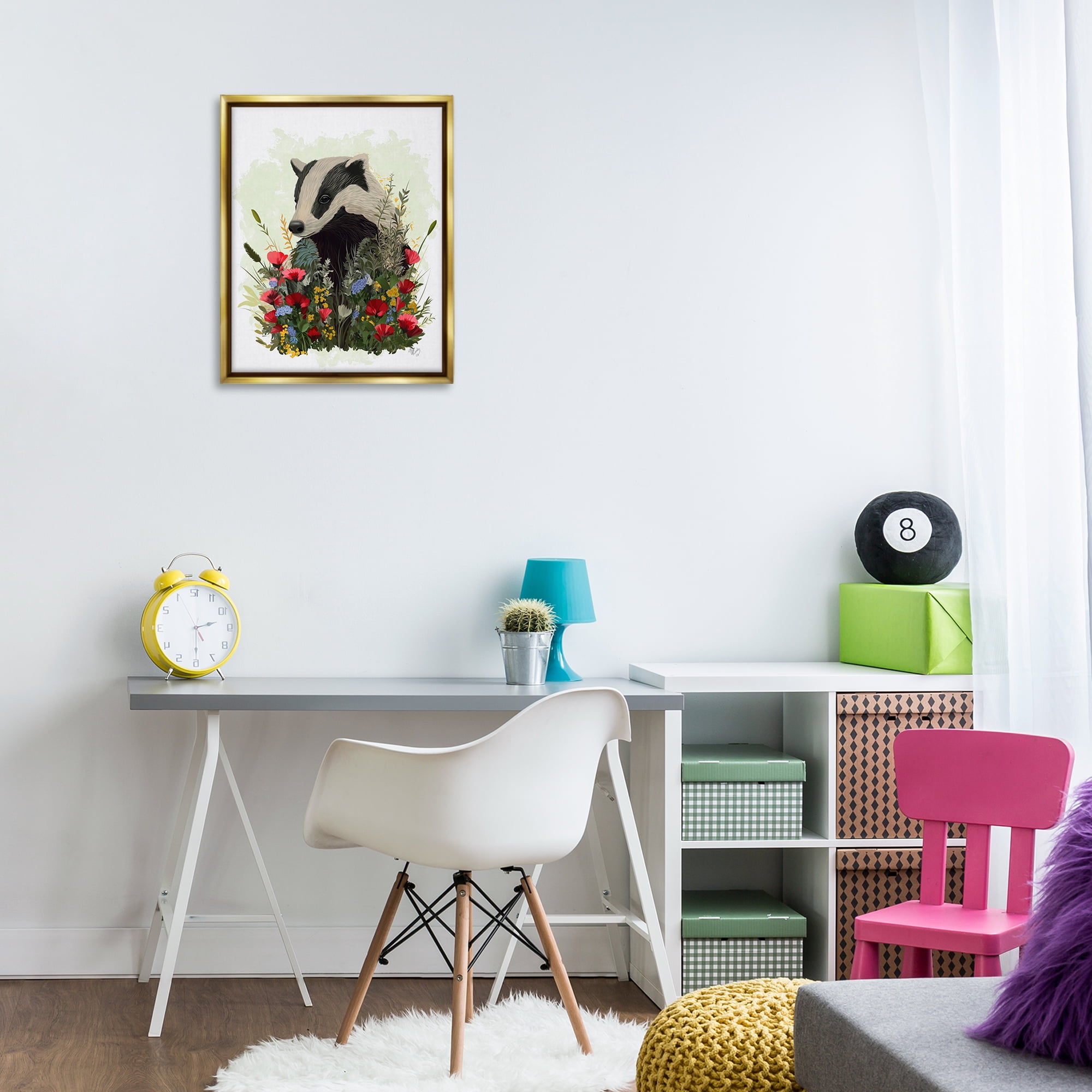 Stupell Industries Badger with Poppy Blossoms Animals & Insects Painting Gold Floater Framed Canvas Art Print Wall Art, 17 x 21