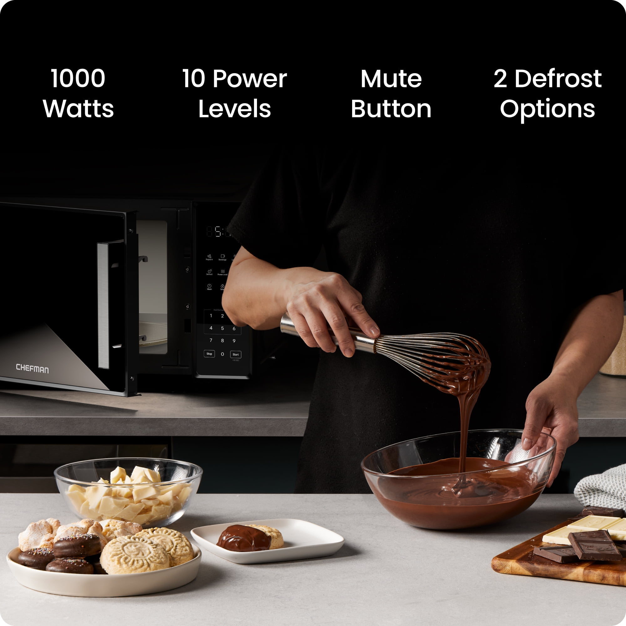 Chefman Countertop Microwave Oven 1.1 Cu. Ft., 1000 Watts with 3 Presets and 10 Power Levels - Black